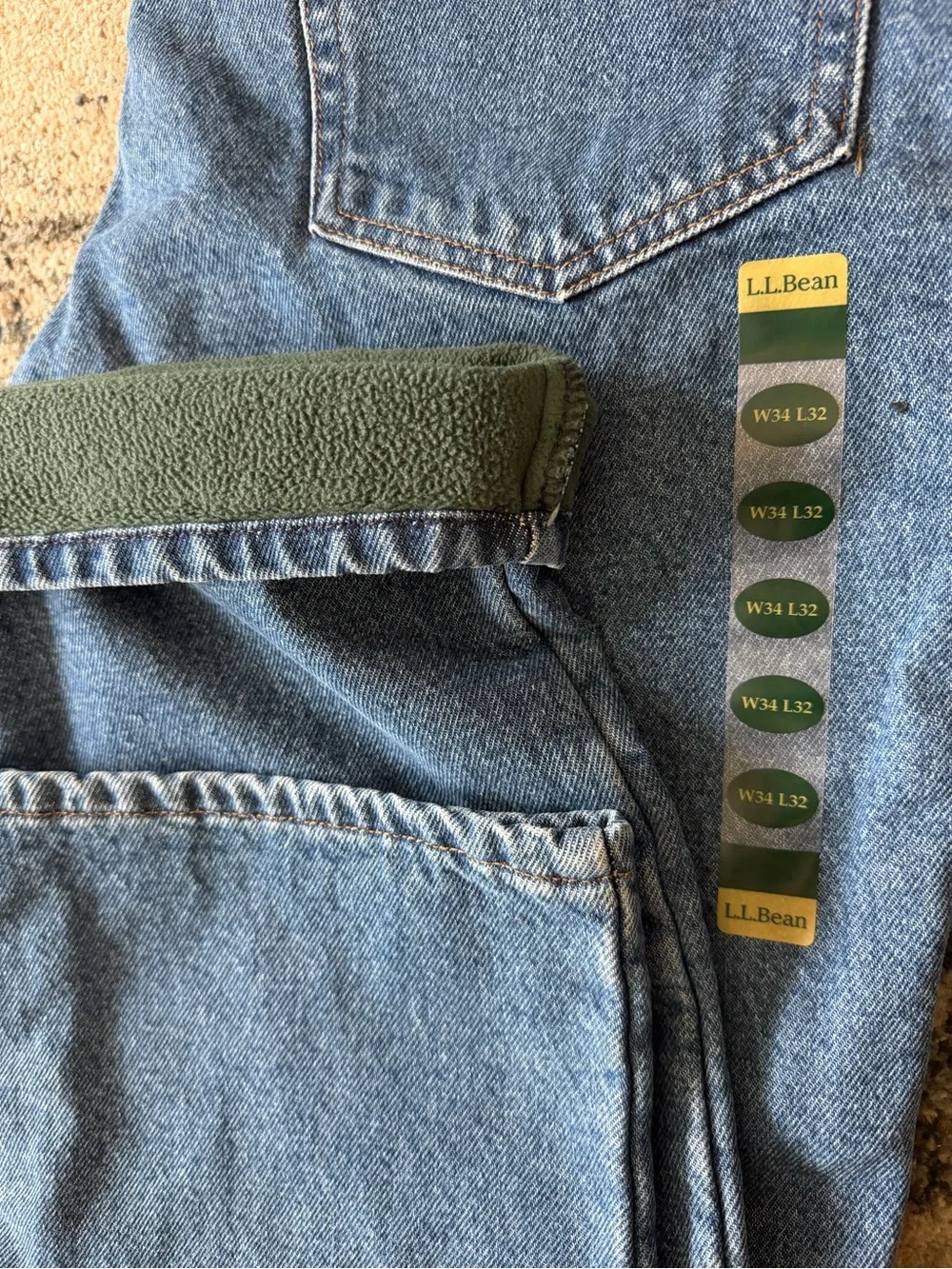 L.L. Bean Men's Blue Denim Jeans with Olive Green Fleece Cuff